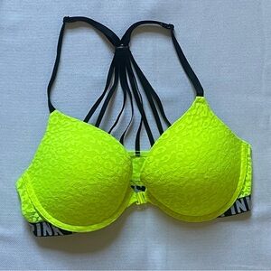 PINK Victoria's Secret Lace with Black Strappy Back Push-Up Bra Neon Yellow 34C